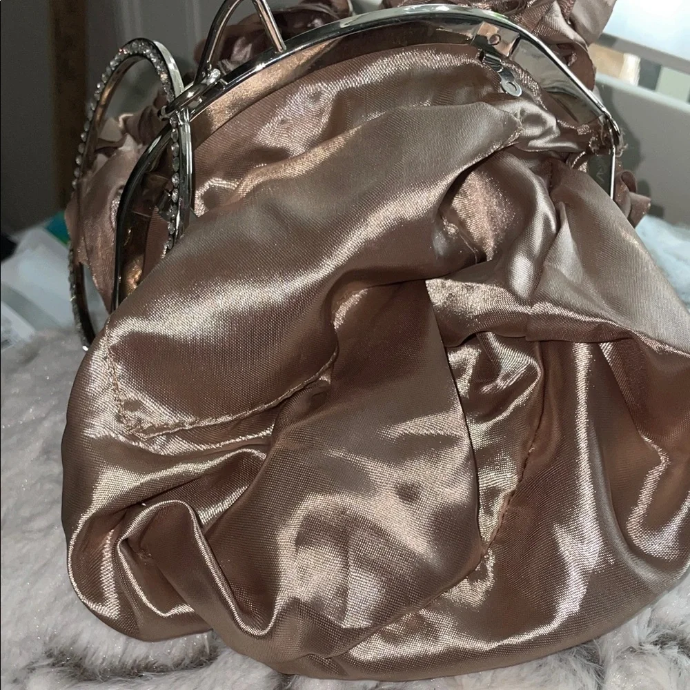 Chic Satin Rosettes Clutch handbag Taupe w oversized rhinestones holder & chain